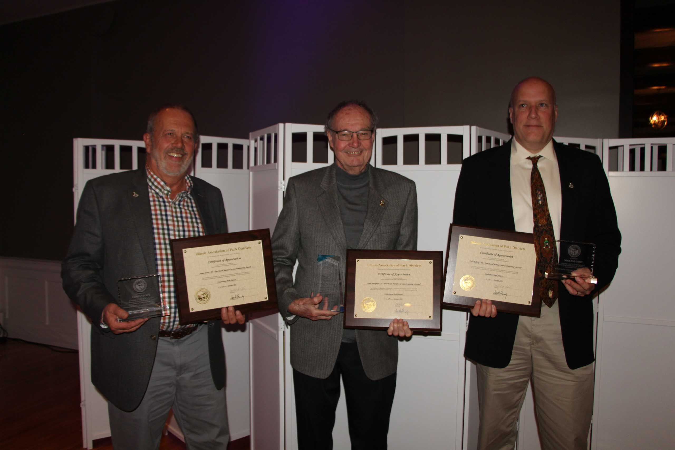 The Lindenhurst Park District Board of Park Commissioners President-Dean Parkman, Vice-President-Todd Solbrig, and Treasurer-James Stout were recognized on Friday, October 15, 2021, at the Illinois Association of Park Districts The Best of the Best Awards Gala for their years of dedicated service to the Lindenhurst Park District.