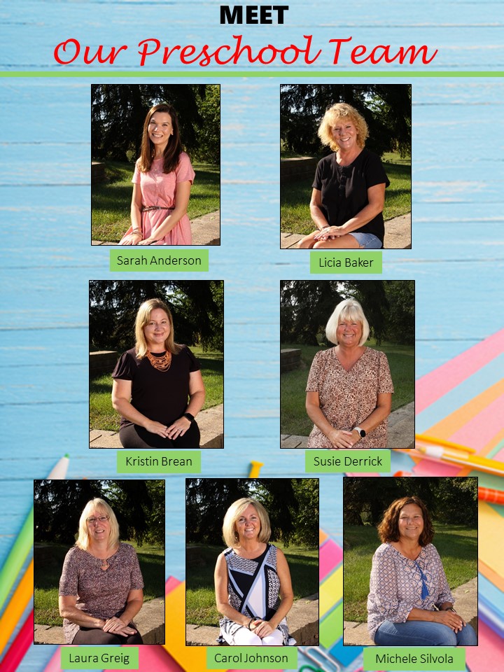 Meet our preschool team featuring: Sarah Anderson, Licia Baker, Kristin Brean, Susie Derrick, Laura Greig, Carol Johnson, and Michele Silvola