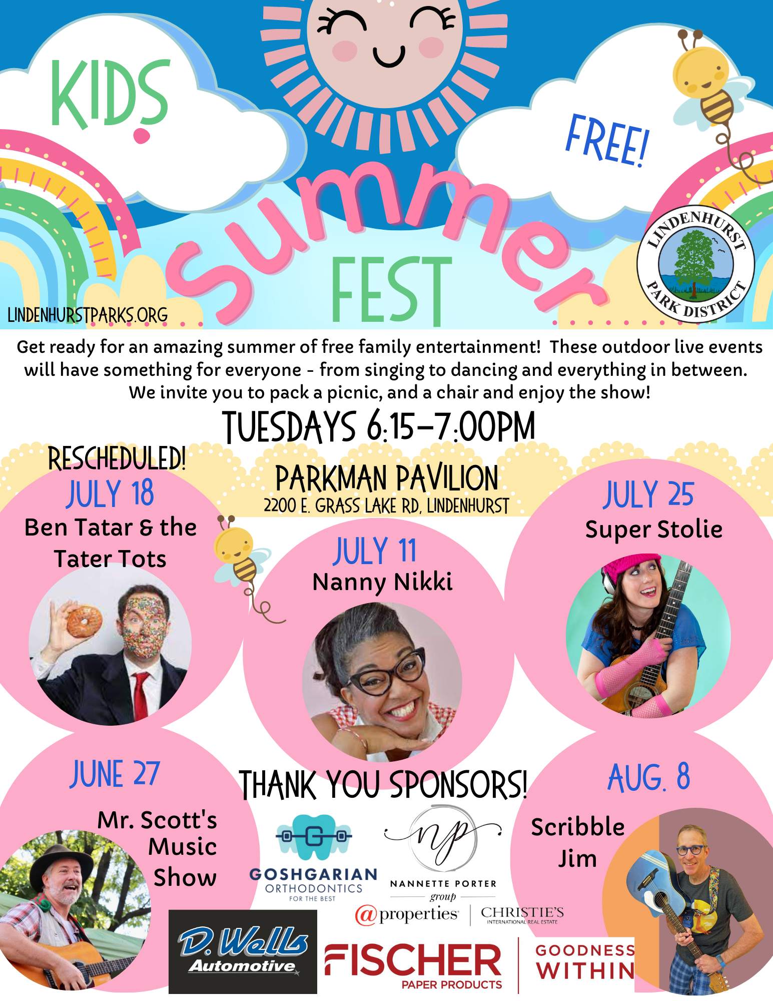 A cheerful flyer for the "KIDS Summer Fest," a series of free family entertainment events on Tuesdays at Parkman Pavilion, featuring live performances by various artists including Ben Tatar, Nanny Nikki, Mr. Scott's Music Show, Super Stolie, and Scribble Jim. The flyer notes rescheduled dates, invites families to pack a picnic, and thanks the sponsors. The events are organized by the Lindenhurst Park District