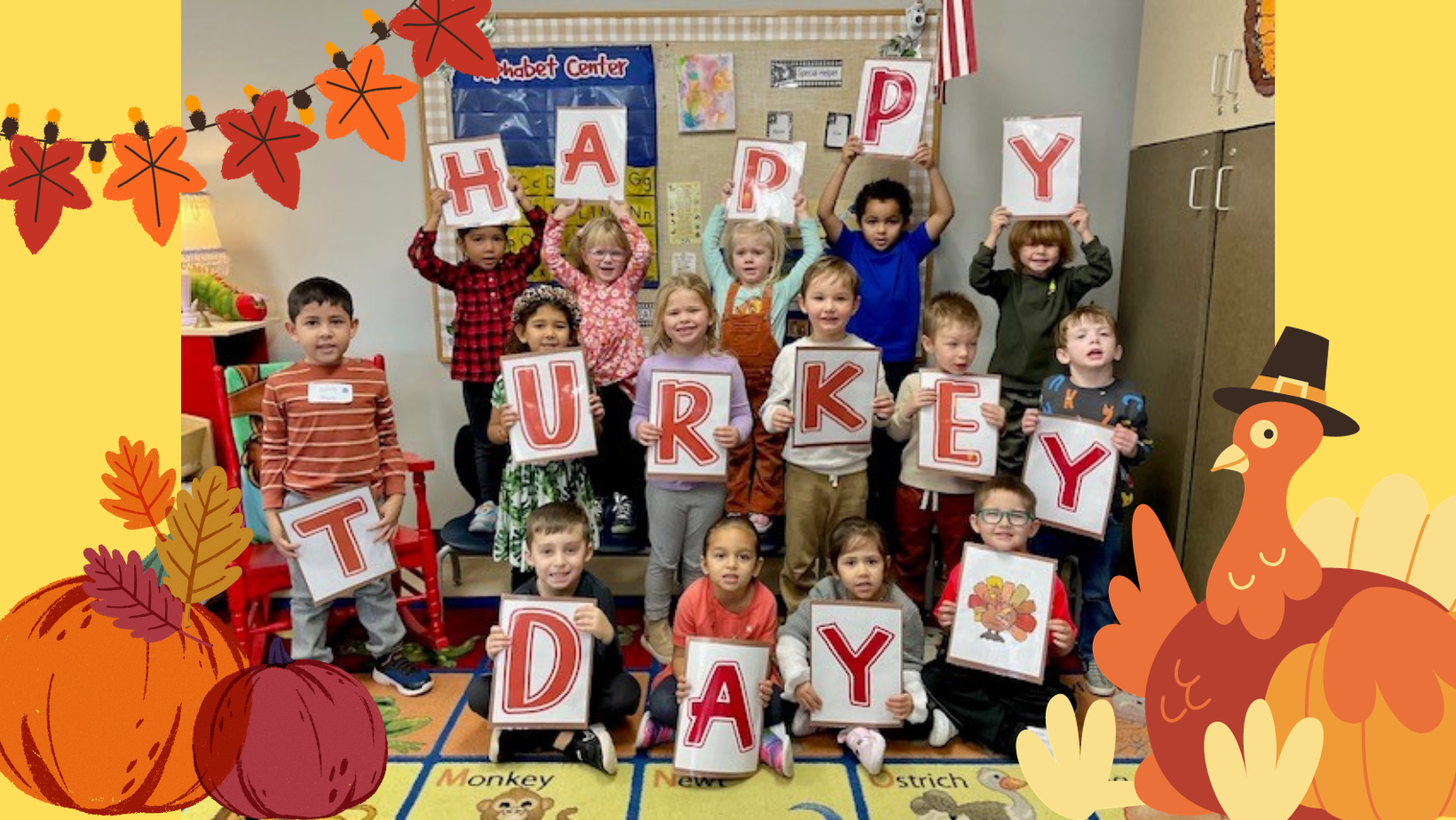 young children holding up signs that read "happy turkey day"