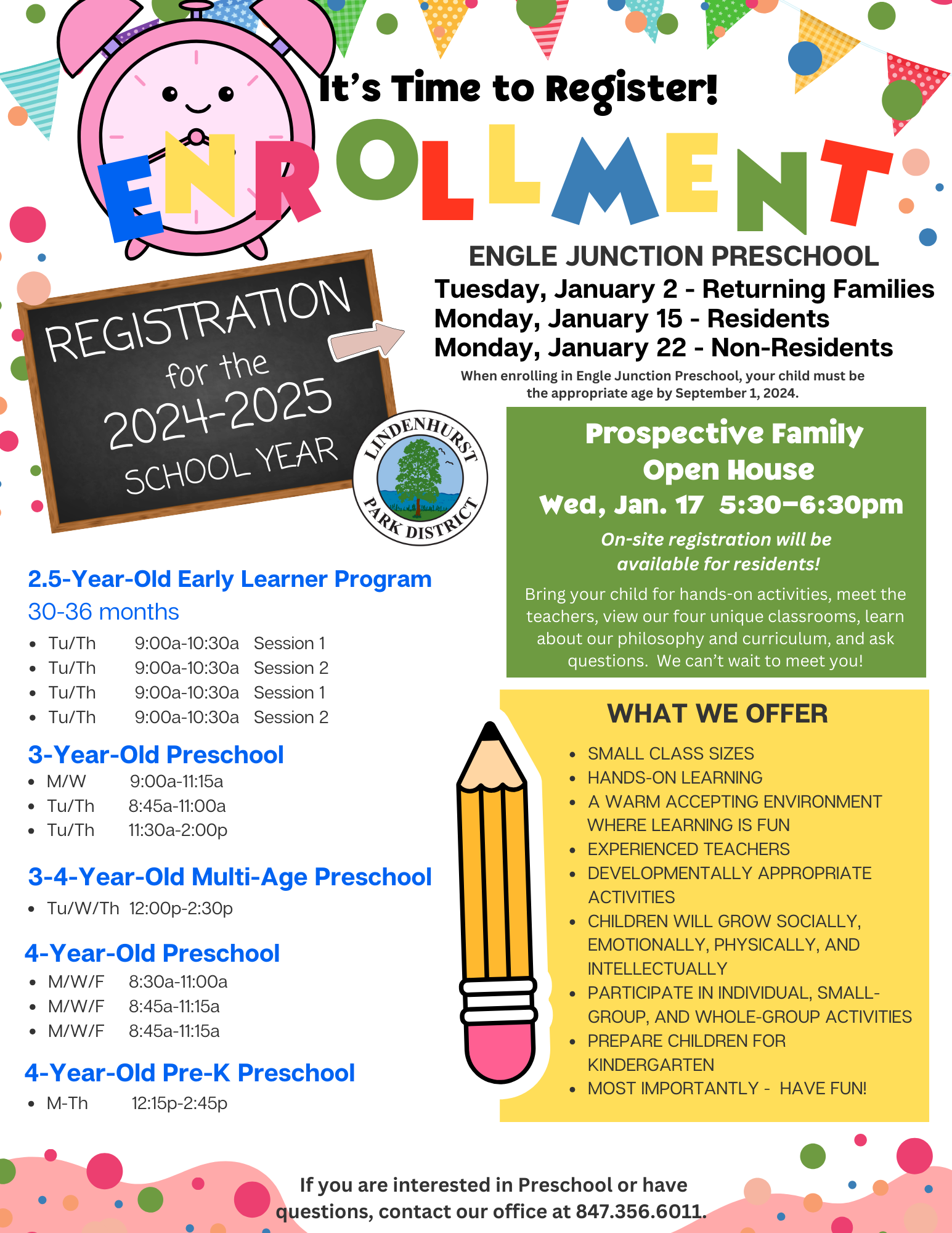 Colorful flyer for preschool registration at the Lindenhurst Park District for the 2024-2025 school year, with dates for returning families, residents, and non-residents. It highlights the early learner program for 2.5-year-olds, preschool programs for 3 and 4-year-olds, multi-age preschool, and pre-K. Features include small class sizes, hands-on learning, and preparation for kindergarten. An open house event is scheduled, and contact details are provided for further inquiries.