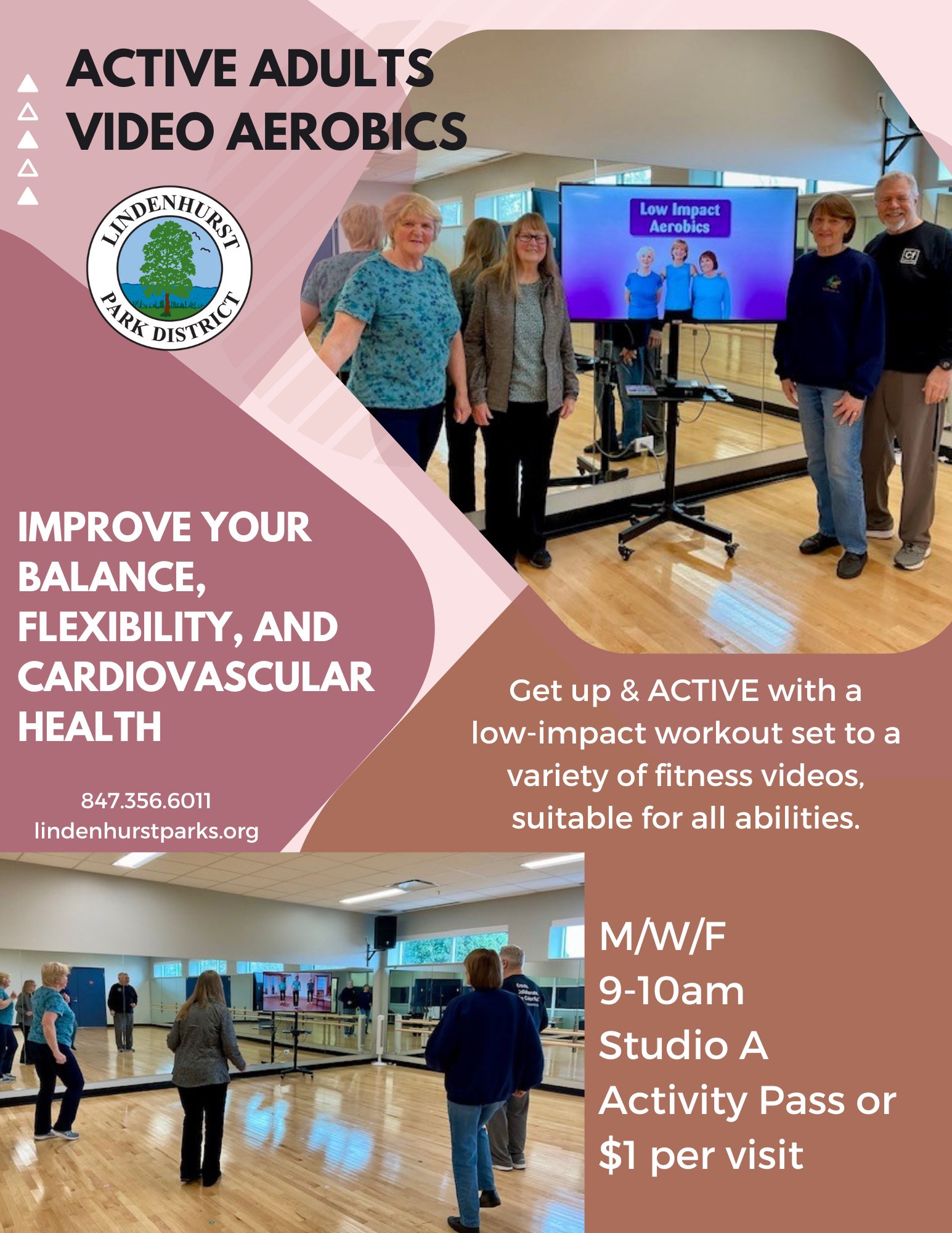 Flyer for "Active Adults Video Aerobics" at the Lindenhurst Park District promoting balance, flexibility, and cardiovascular health. It shows a group of adults in a fitness studio in front of a TV displaying a fitness video, with details: sessions on Monday, Wednesday, and Friday from 9-10am in Studio A, available with an Activity Pass or $1 per visit. Contact information is included.