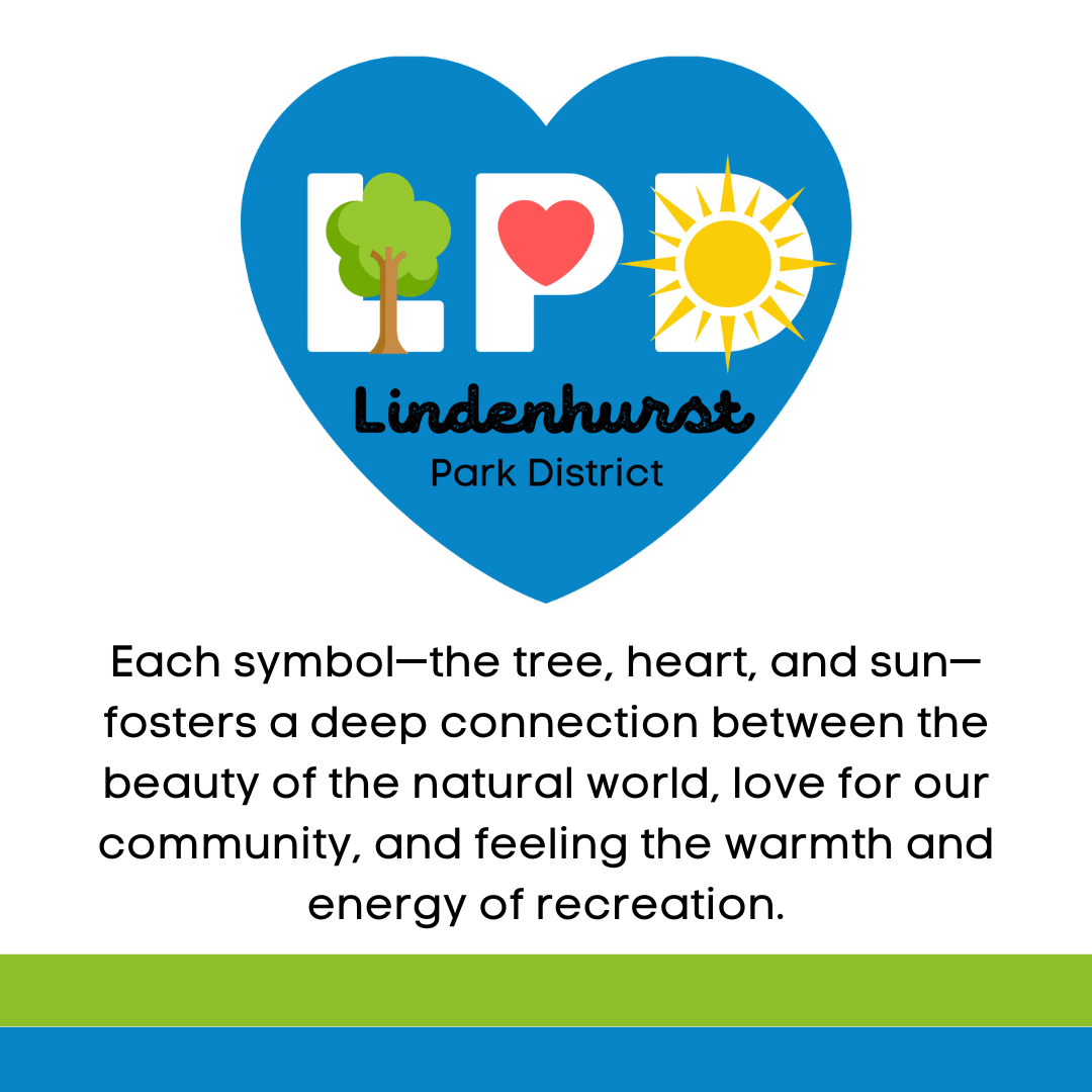 A graphic with the Lindenhurst Park District logo inside a blue heart, featuring a tree, heart, and sun icons, with text explaining that these symbols represent the connection to nature, community love, and the energy of recreation.