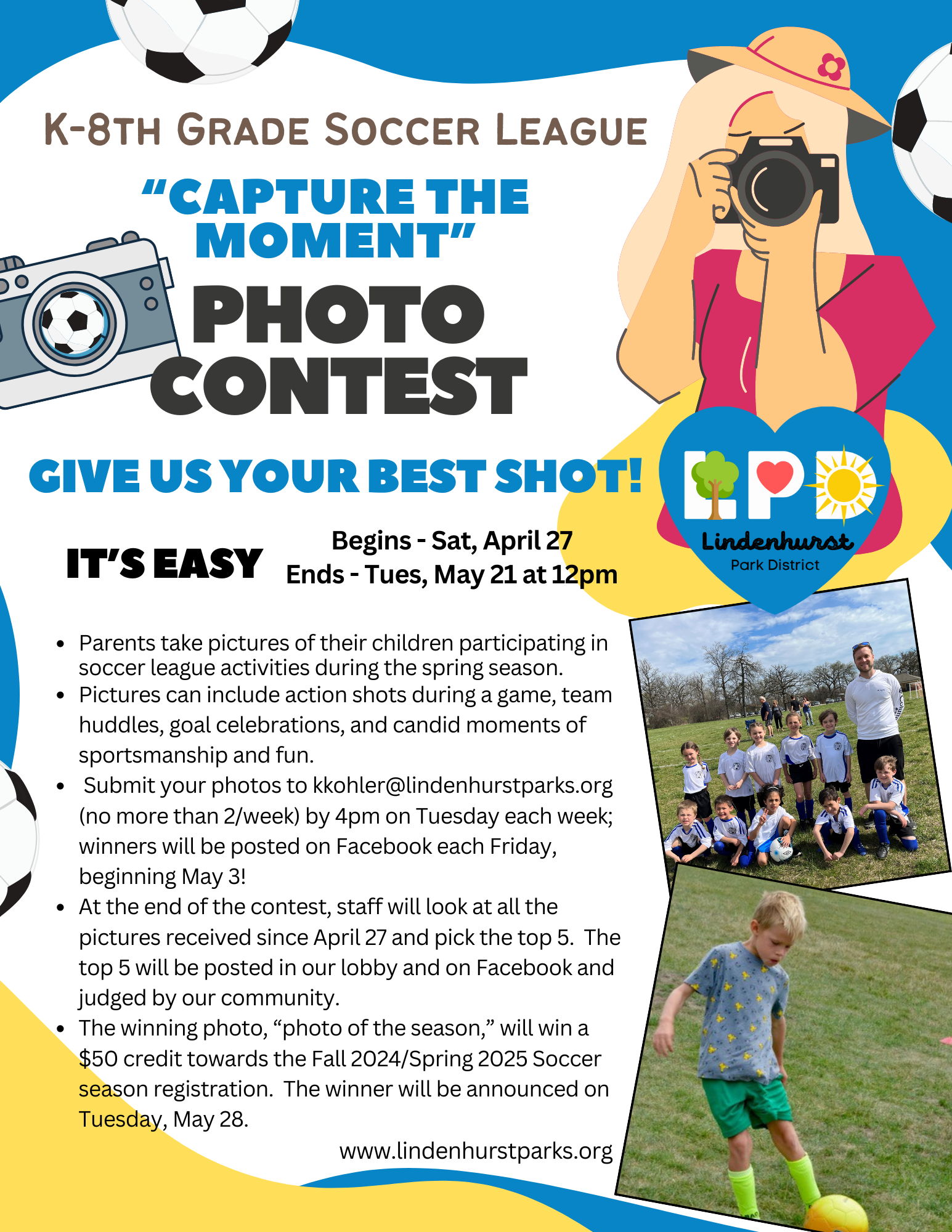 k-8th Grade Soccer League 'Capture the moment" photo contest flyer