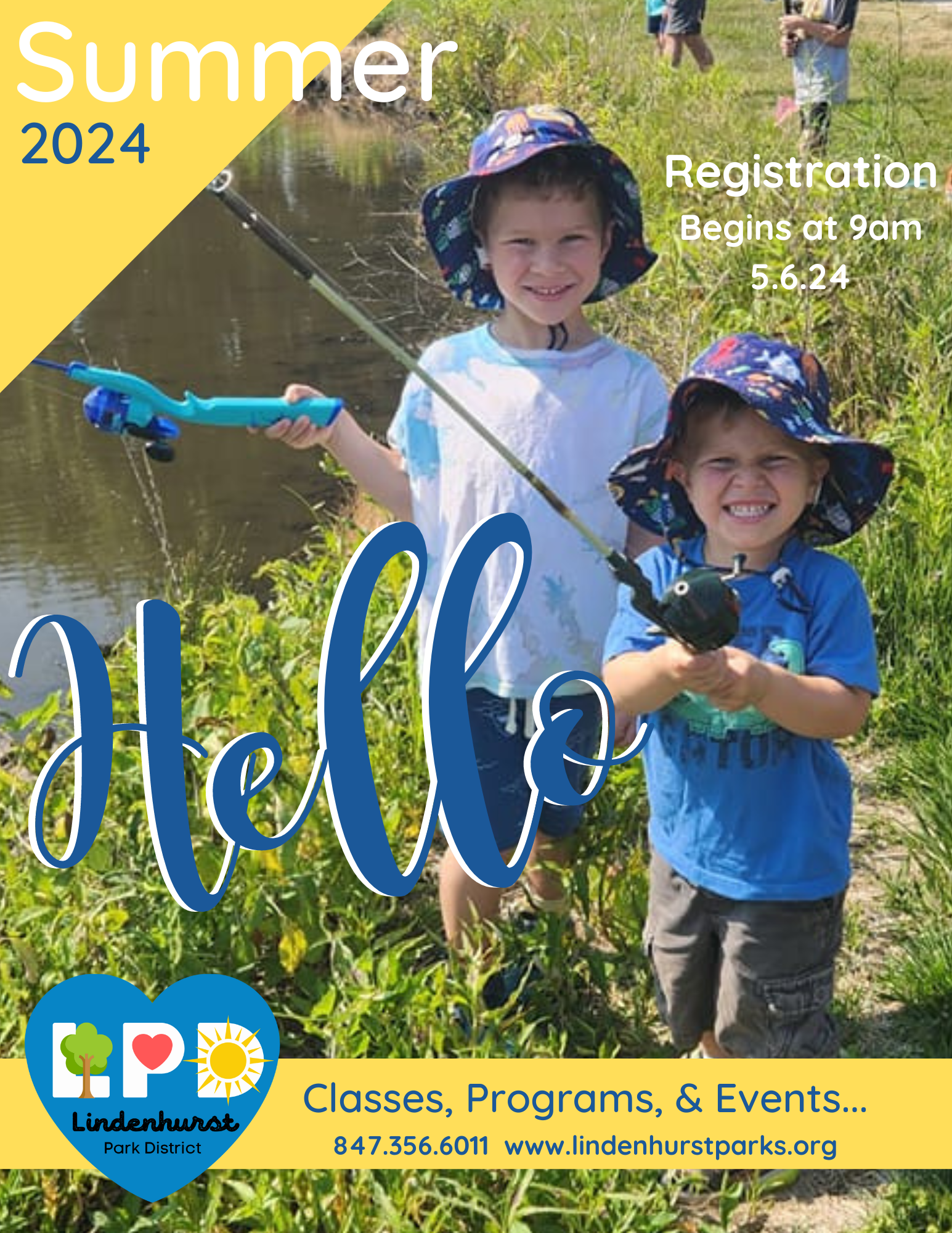 An advertisement for a summer event in 2024 by the Lindenhurst Park District. The poster is colorful with a prominent "Hello Summer 2024" greeting. It features two young children, smiling and holding fishing rods, standing by a body of water. A "click here" call-to-action bubble suggests an interactive element, likely for online viewers. Registration information is provided, stating it begins at 9 am on May 6, 2024. Contact details include a phone number and website, reinforcing the poster's purpose as an informative promotion for summer classes, programs, and events. The park district's logo, incorporating trees and sun imagery, is displayed at the bottom alongside a heart symbol.